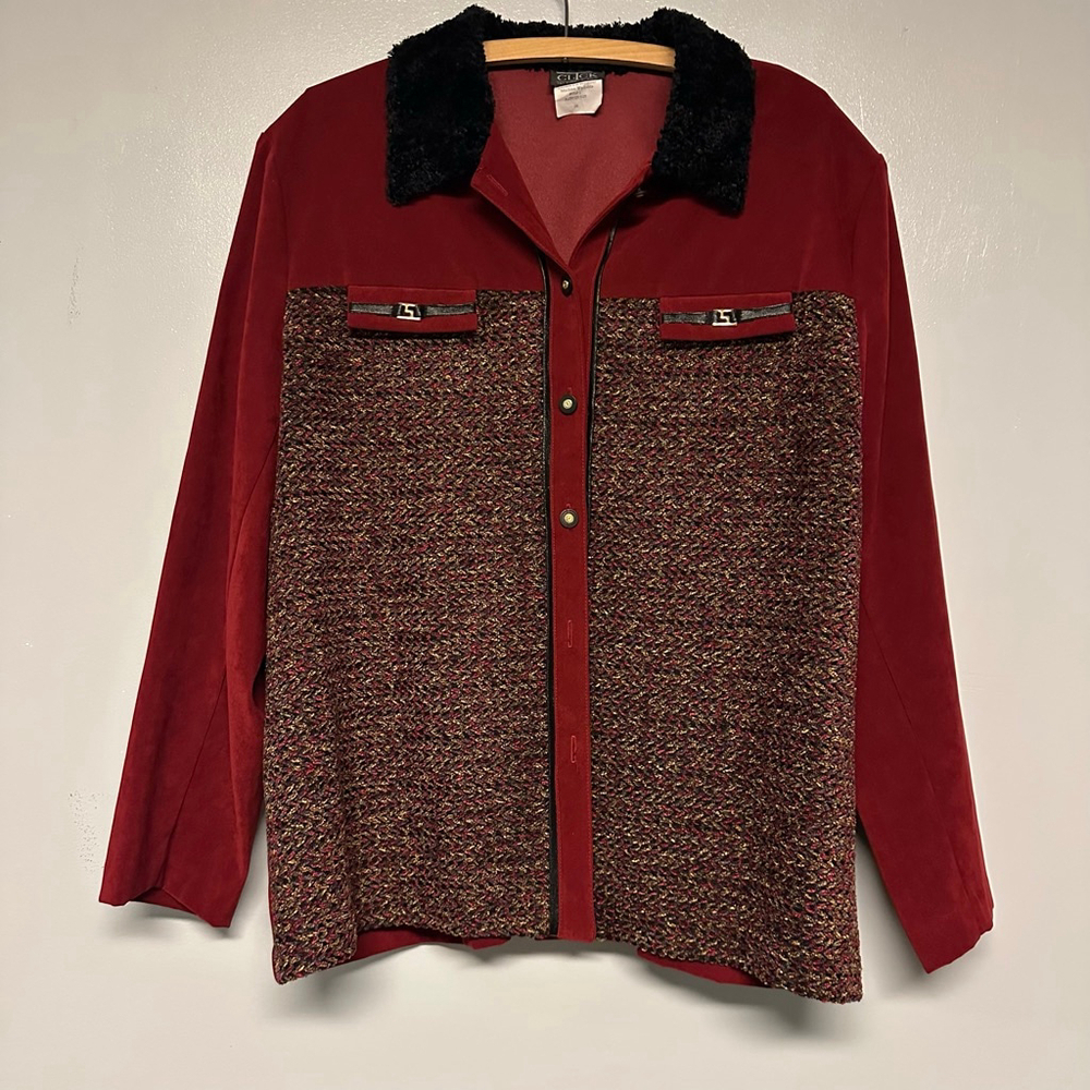 Women's vintage CLICK Red & Black Blazer Jacket, Size 16 faux fur woven front